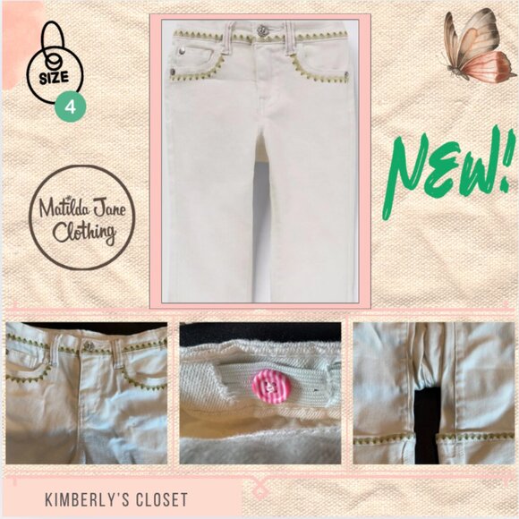 Matilda Jane Girls Size 4 Spring crop jeans– White with Green Embroidery Trim - Picture 5 of 8